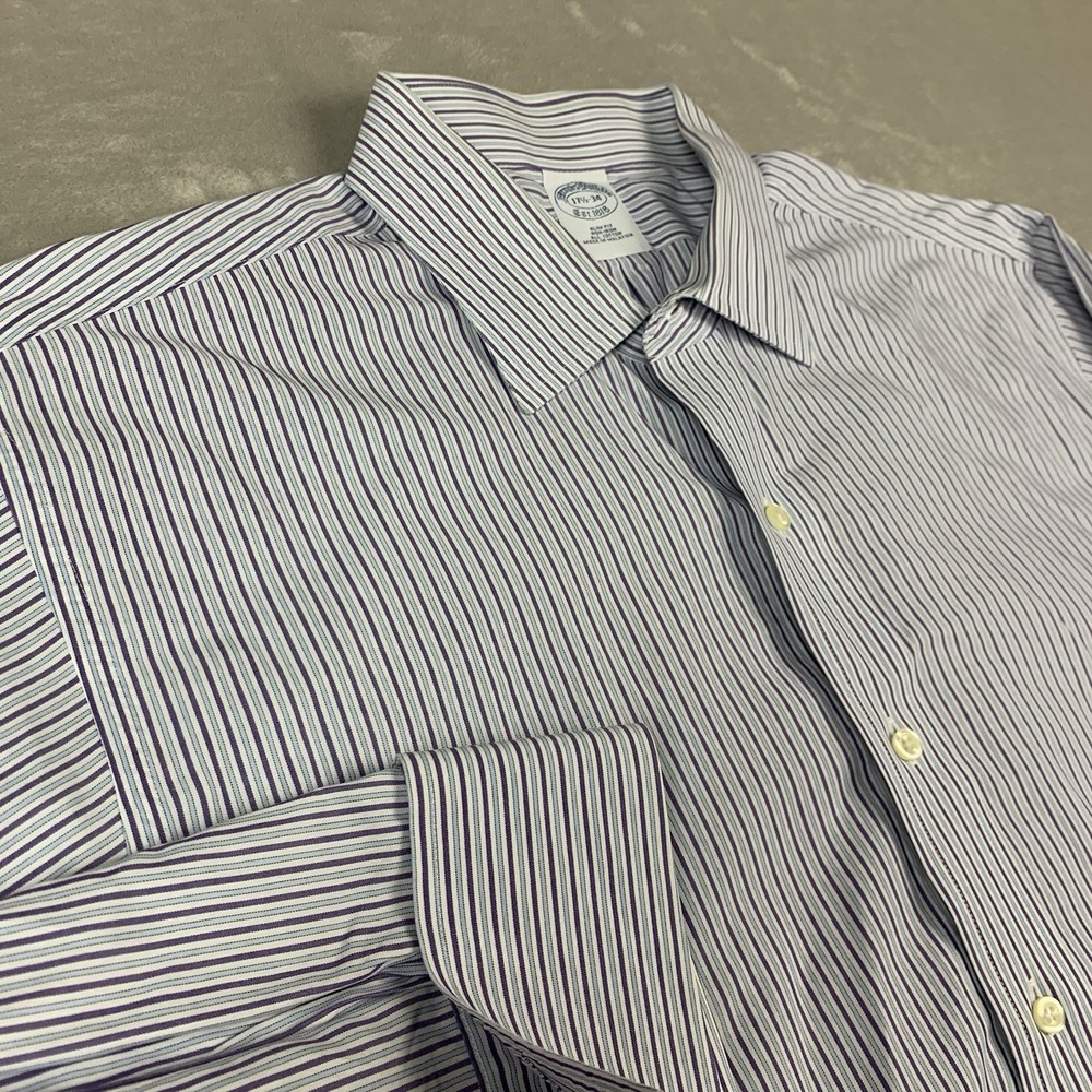 New Brooks Brothers Dress Shirt Mens 17.5/34 Blue Striped Slim Fit Button Down
